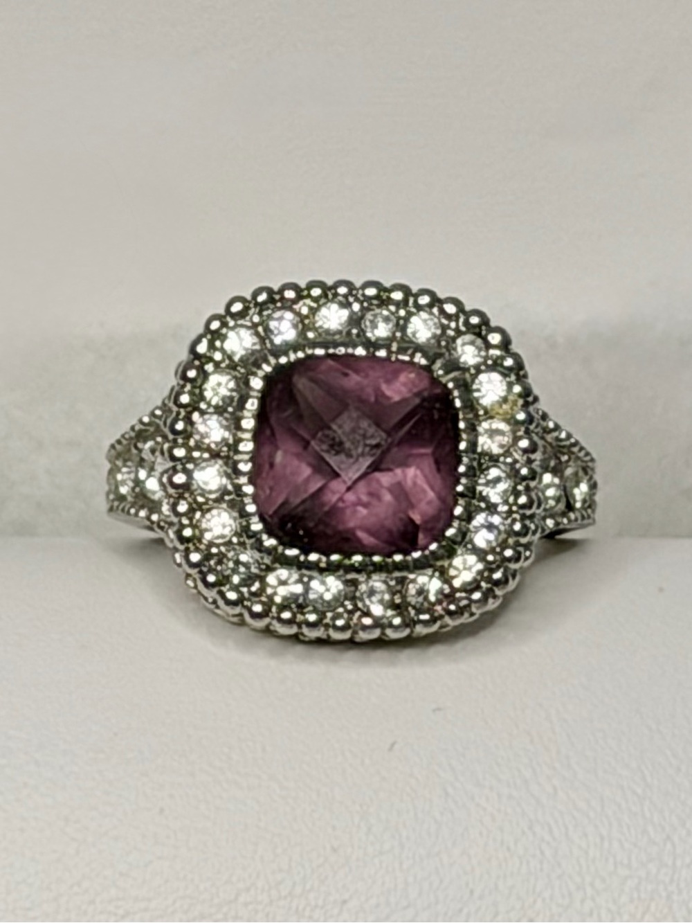 Amethyst Color Faceted Crystal w/Halo Cocktail Ring in Silver Setting, 8, NWOT